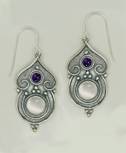 Sterling Silver Gothic Inspired Drop Dangle Earrings With White Moonstone And Iolite